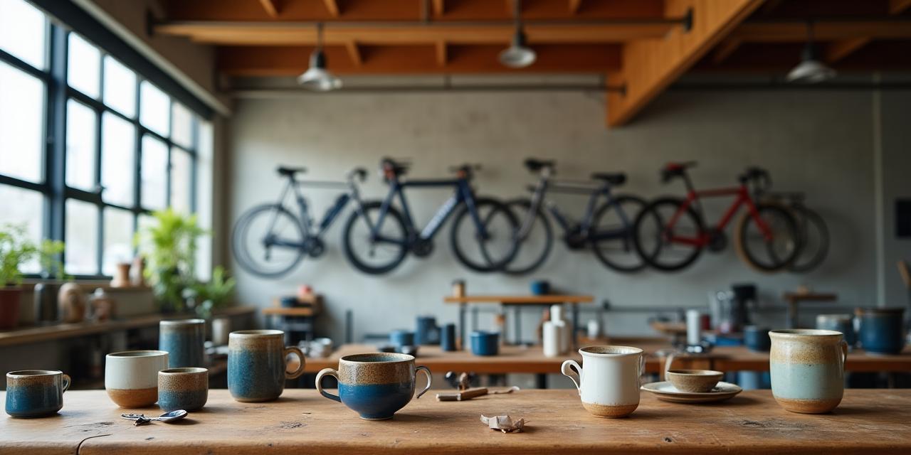 伝統的な自転車工房と陶芸教室の風景